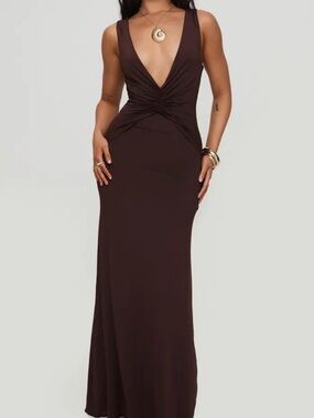 Princess Polly Deep V-Neck Brown Maxi Dress